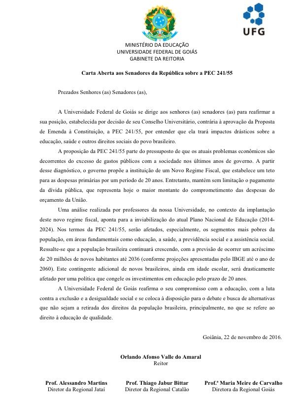 Carta aberta aos senadores da República