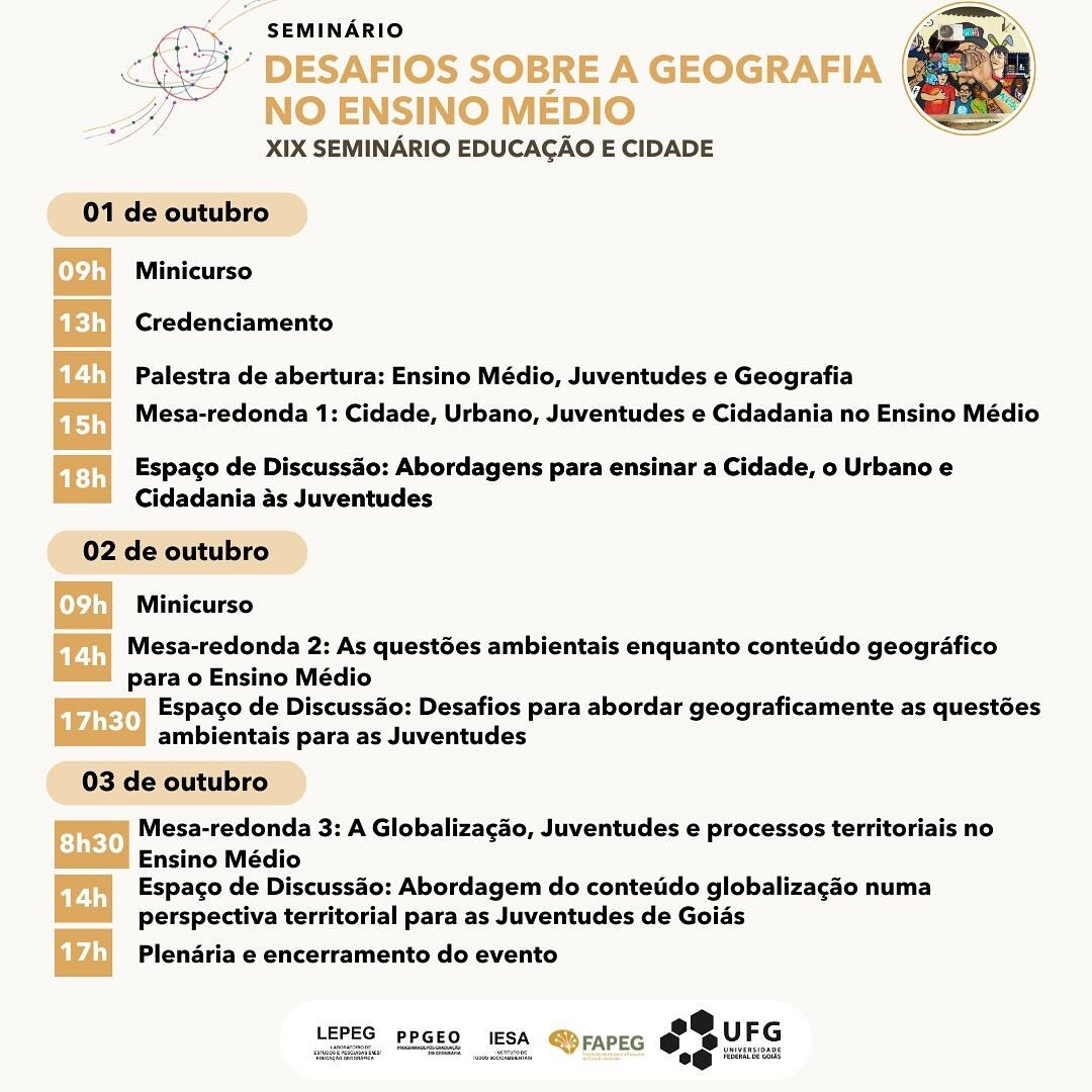 Seminário Desafios sobre a Geografia no Ensino Médio e XIX Seminário Educação e Cidade programacao