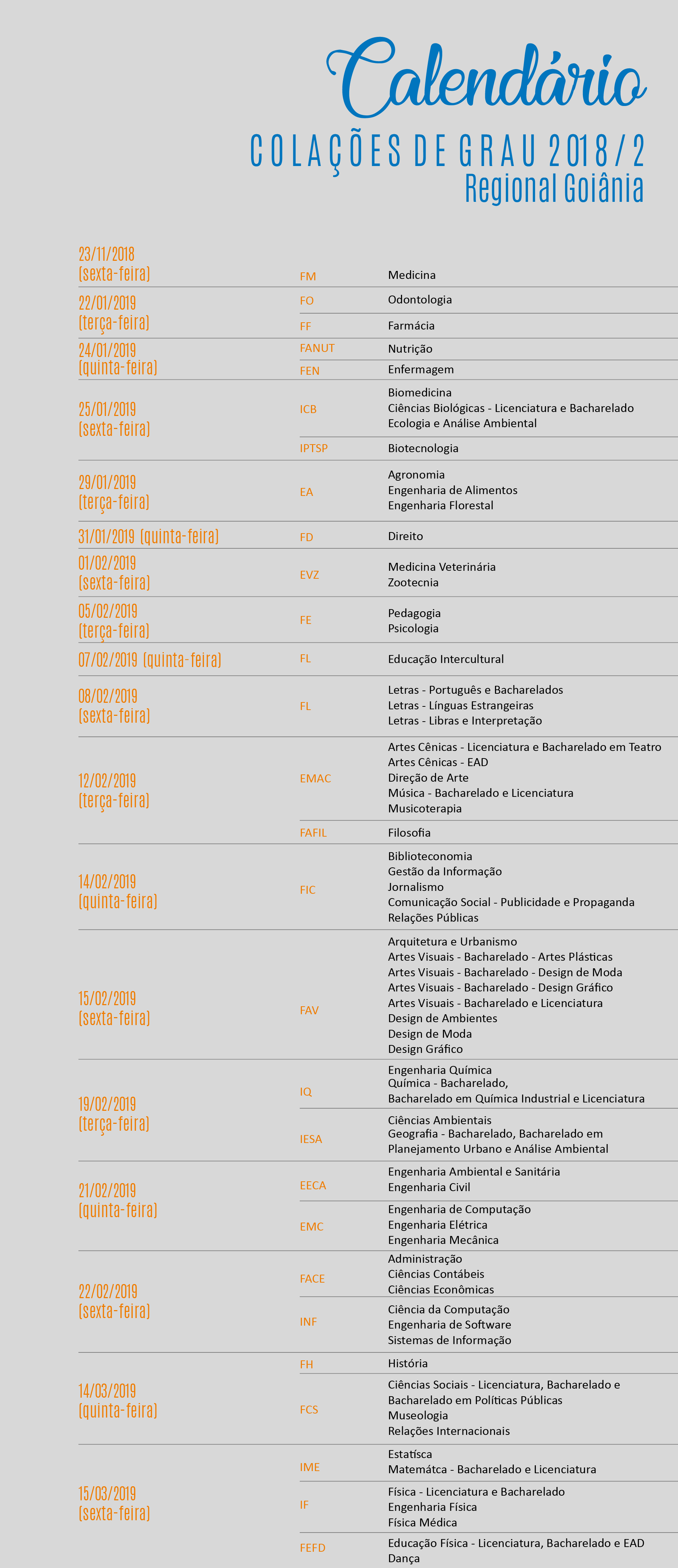 Calendário de Colações de Grau 2018/2 Regional Goiânia