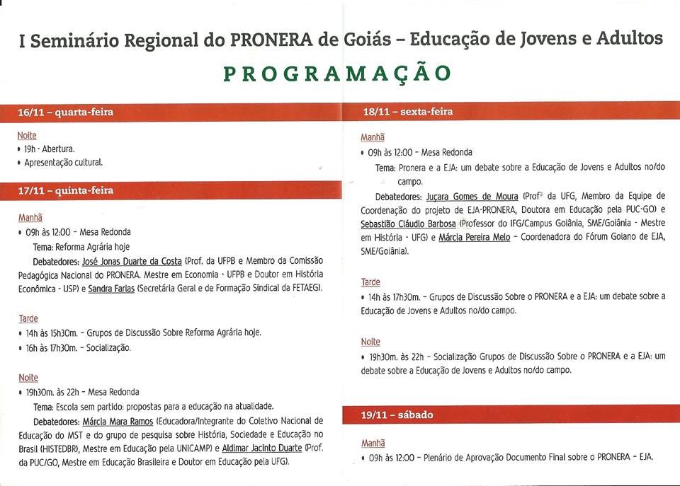  I Seminário Regional do PRONERA de Goiás 