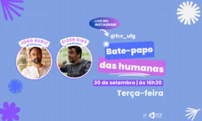 arte azul roya com fundo quadriculado com enfeites na borda branca, azul e roxo. Há no lado esquerdo a foto do professor João Roriz (um homem branco, de barba e cabelo escuro vestido de uma blusa branca e do mediador Elder Dias (um homem branco de cabelo e barba escura, sobrancelhas grossas e camisa xadrez, ele está falando no microfone)

No texto da arte está escrito: live no instagram @fcs_ufg

bate-papo das humanas

30 de setembro às 16h30 terça-feira

