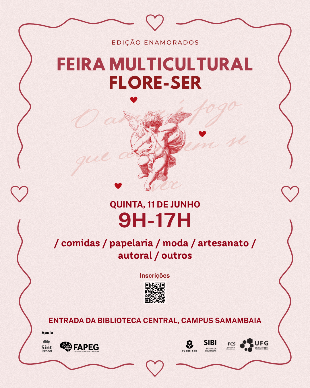 cartaz rosa com cupido e letras vinho. 