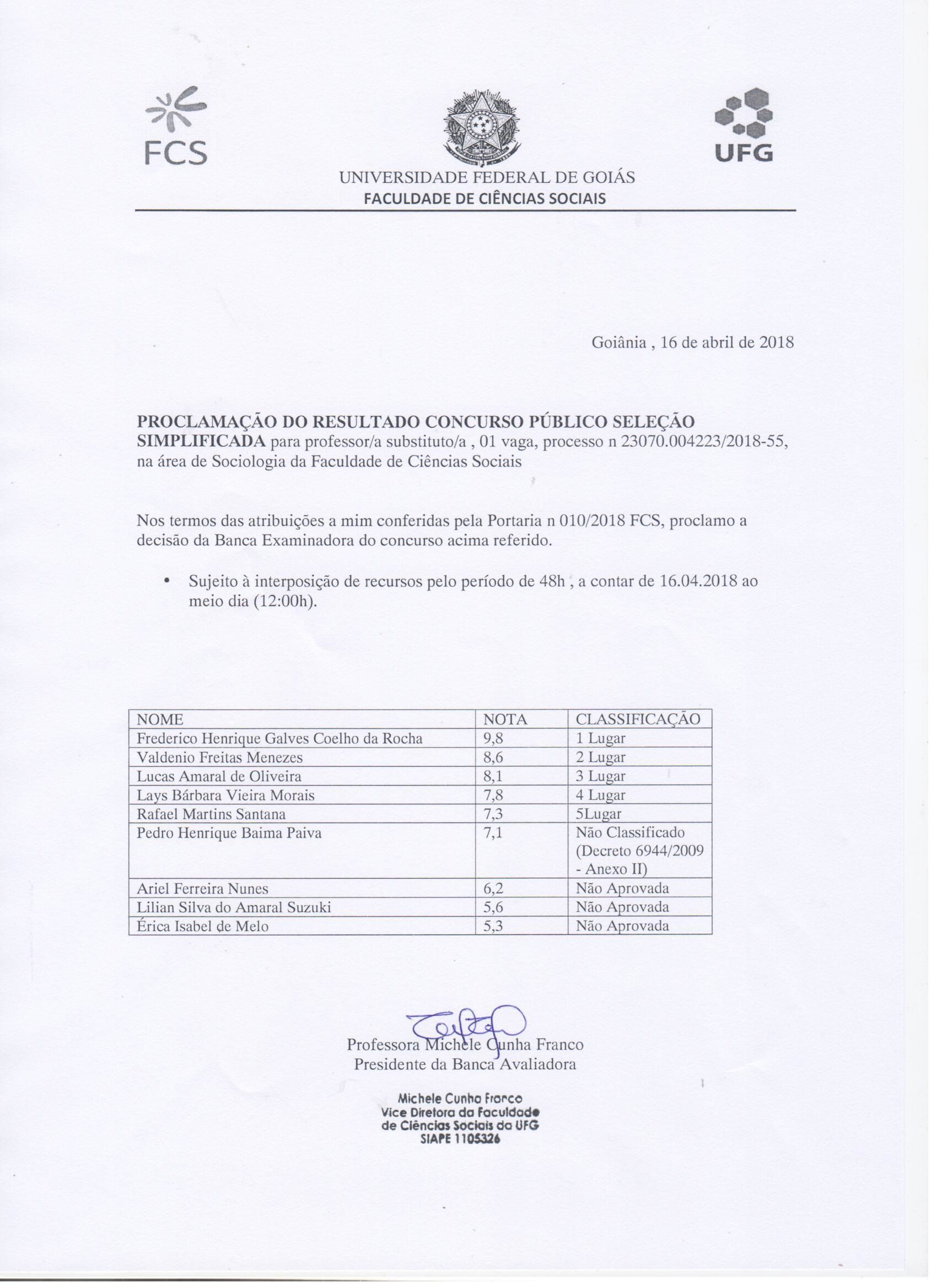 Resultado concurso professor substituto Sociologia
