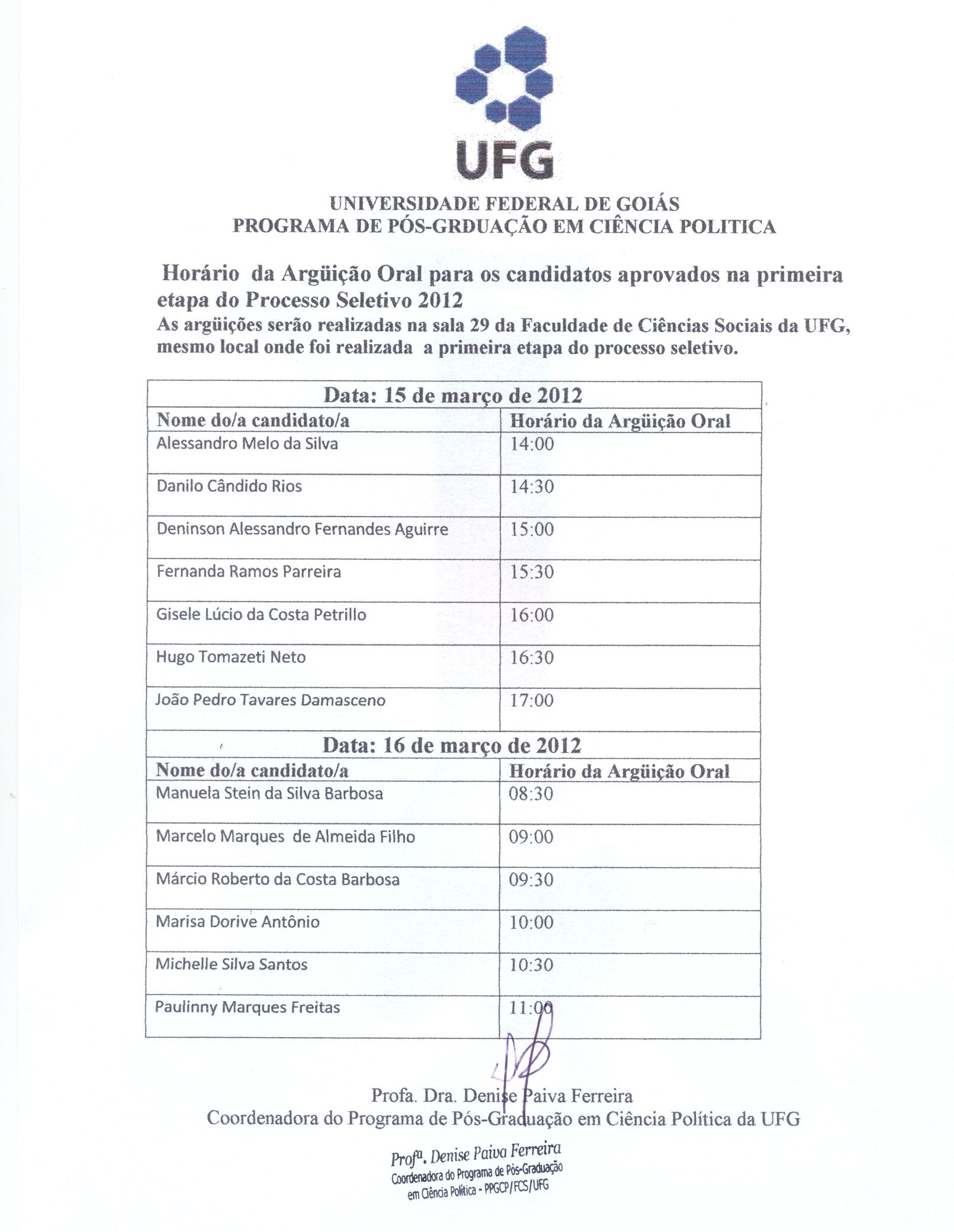 horário arguição oral