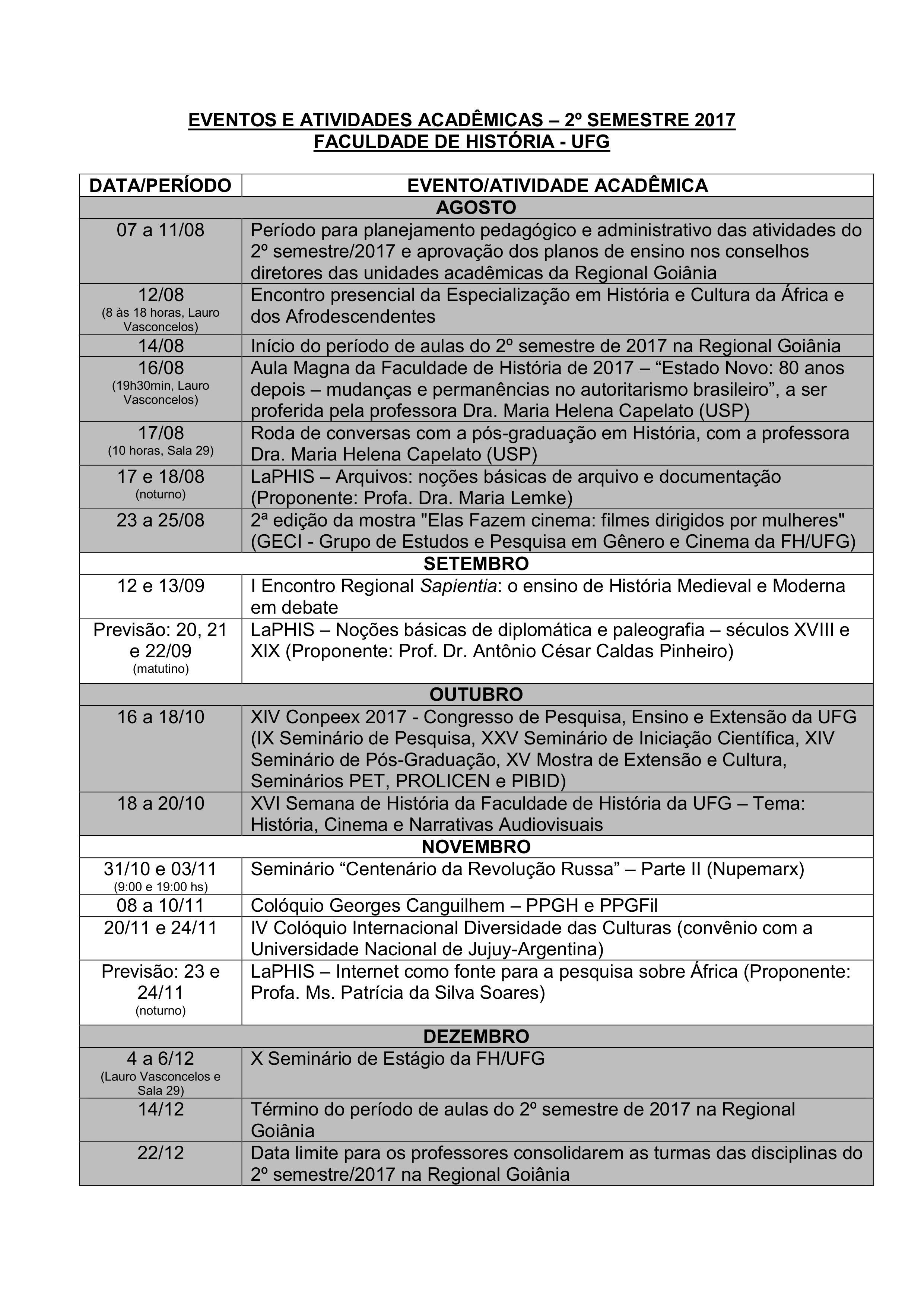 Cronograma de eventos e atividades acadêmicas FH 2017-2 21.08.2017