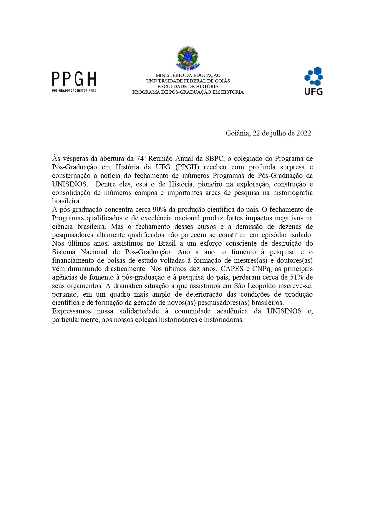 nota- Unisinos - Fechamento de PPGs 2022