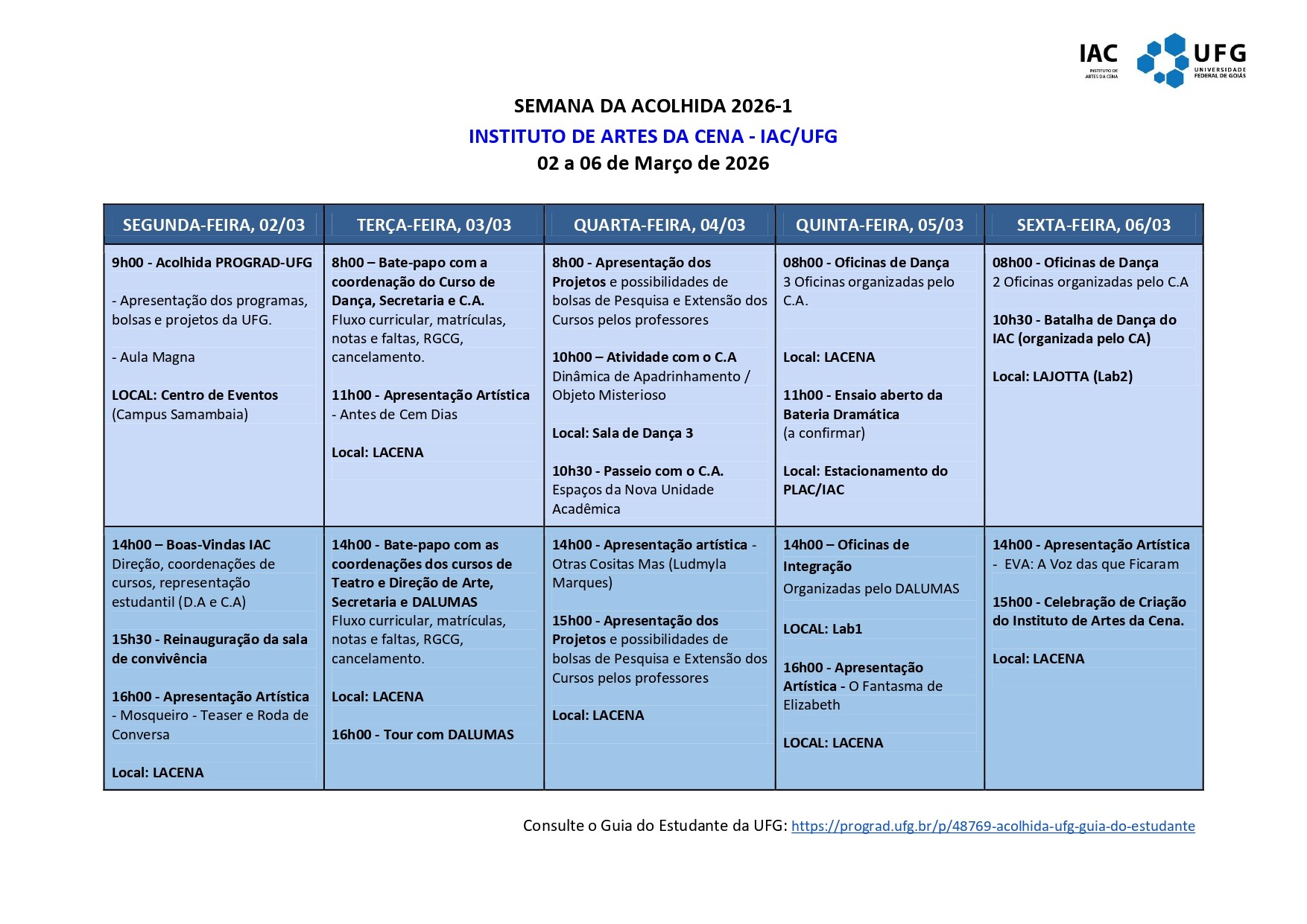Programação Semana da Acolhida 2026