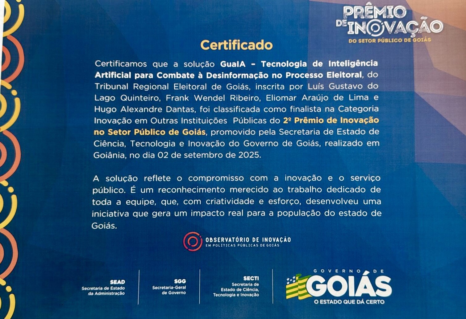 Prêmio GUAIA SECGOIAS 6 lugar 2025