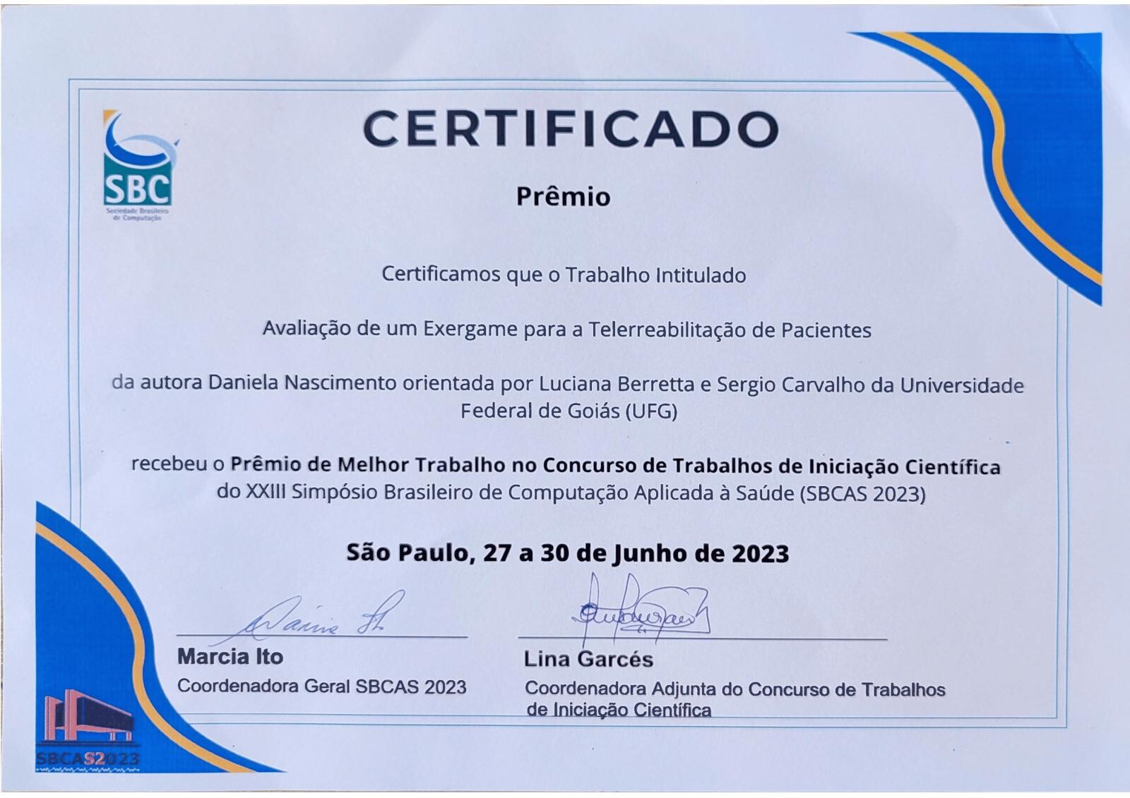 Prêmios no SBCAS 2023