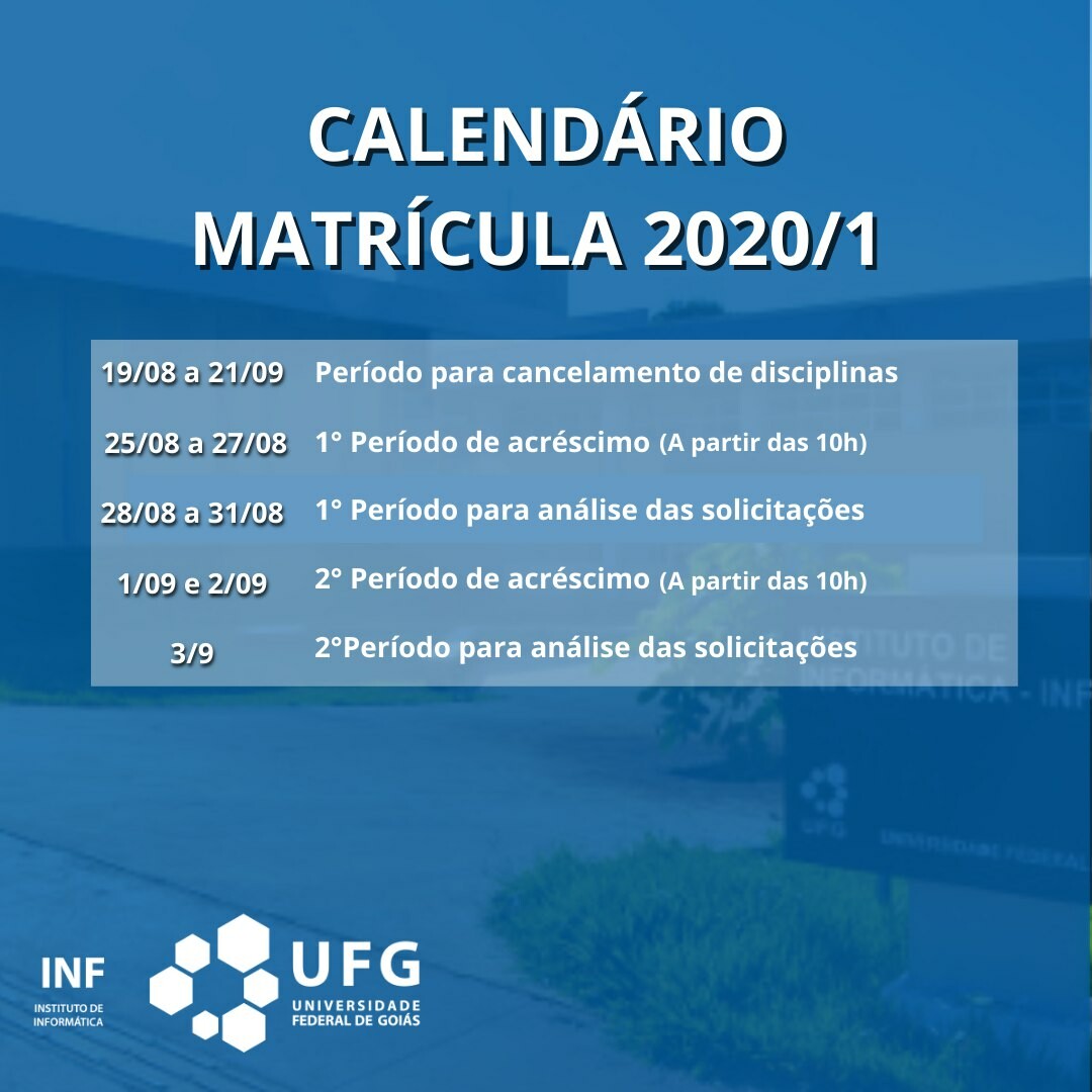 19/08 a 21/09 - Período para cancelamento de disciplinas. 25/08 a 27/08 - 1º período de acréscimo (a partir das 10h). 28/08 a 31/08 - 1º período para análise das solicitações. 1/09 e 2/09 - 2º Período de acréscimo (a partir das 10h). 3/09 - 2º período para análise das solicitações.