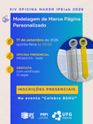 Imagem com informações da oficina maker XIV para modelagem de marca páginas personalizado, que ocorreu no dia 17 de setembro de 2026. Dois marca páginas, um cinza e um amarelo estão posicionados ao lado direito e dentro de um círculo.