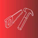 icone uso espaço ícone minimalista de um serrote e um martelo, com fundo em gradiente vermelho.