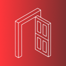 ícone visita ícone minimalista de uma porta, com fundo em gradiente vermelho.