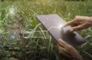 Imagem mostra imagem de pessoa segurando tablet com hologramas flutuando sobre o dispositivo. 