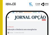 Imagem mostra recorte de jornal do periódico Opção, acompanhado da marca do CIAR e da UFG