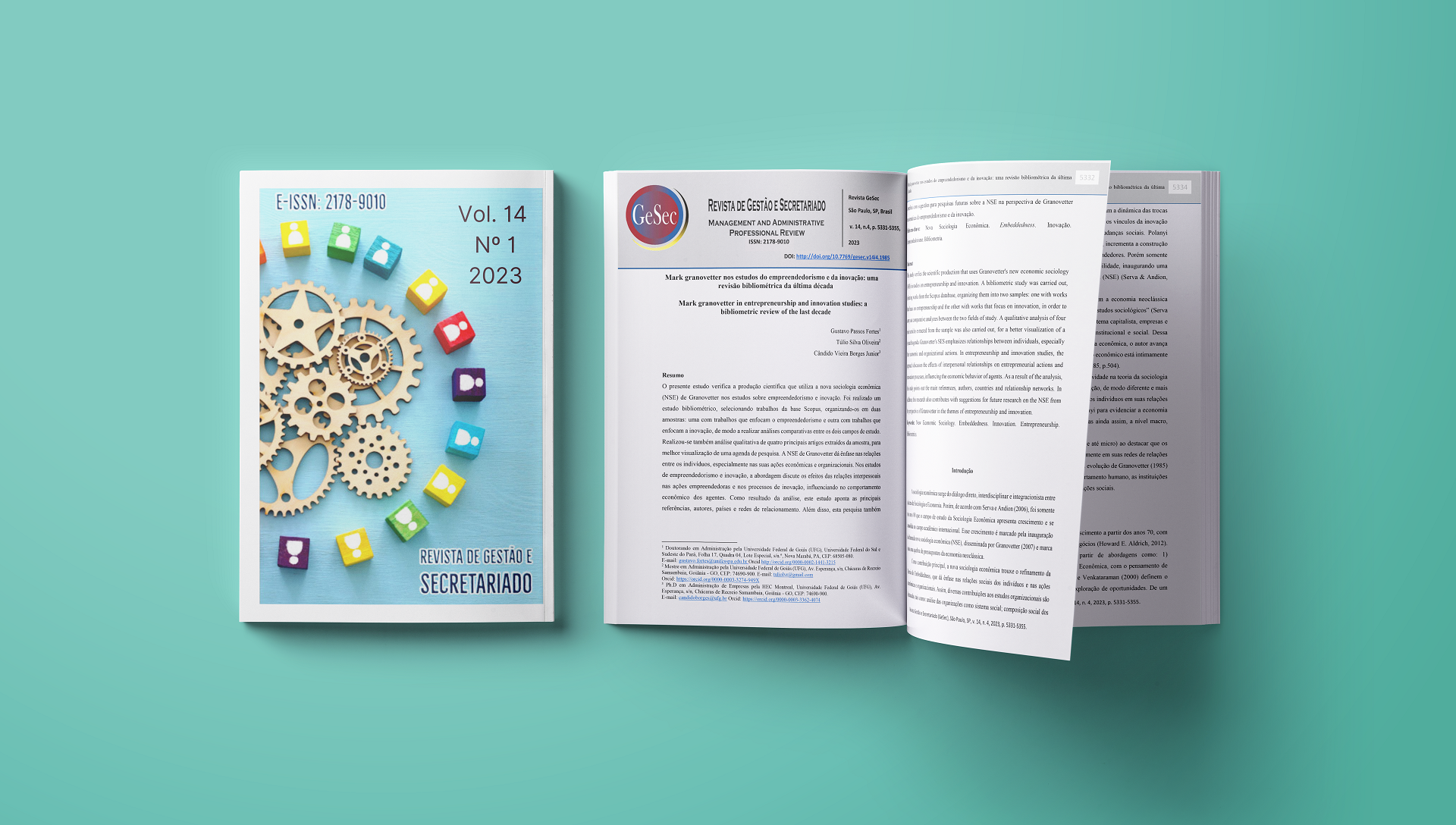 Imagem notícia publicação GeSec. Na foto a capa do volume 14, número 1 da Revista Gestão e Secretariado, com algumas engrenagens na ilustração. Ao lado, a imagem da página do artigo publicado.