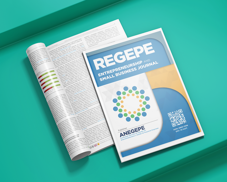 Publicação REGEPE editorial para corpo notícia. Na imagem: foto da capa da revista REGEPE - Entrepreneurship and Small Business Journal, sobre uma revista dobrada,  mostrando o conteúdo do interior. 