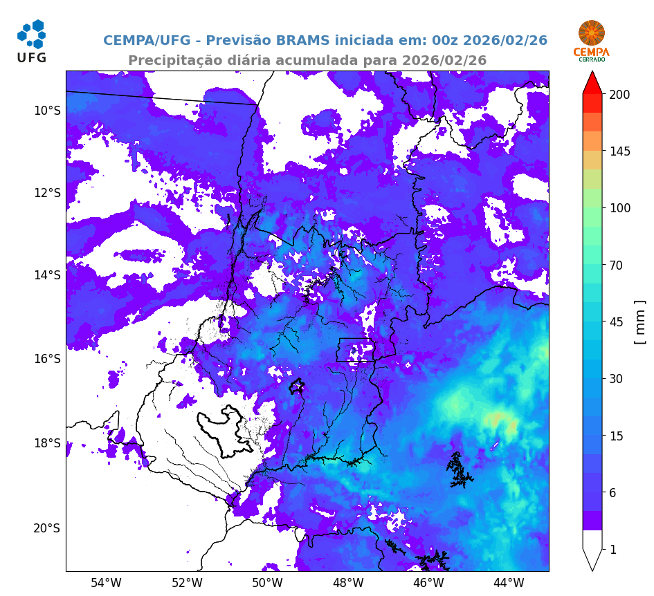 Produto derivado de precipitação diária acumulada (mm) do modelo meteorológico de previsão de tempo BRAMS, referente à data de 26/02/2026.