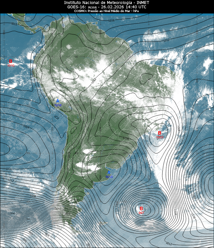 Produtos derivados do satélite meteorológico GOES 16, canal infravermelho e modelo COSMO - isóbaras representando a Pressão ao Nível Médio do Mar (hPa). Fonte: Instituto Nacional de Meteorologia - INMET