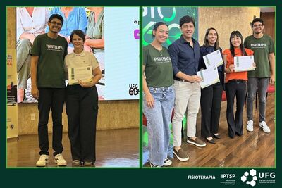 Professora Ruth Losada de Menezes ao lado de um estudante, e professora Natasha Yumi Matsunaga Spicacci com participantes do ECIF 2026, na PUC Goiás.