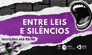 banner_noticia_festival_entre_leis_e_silencios
#ParaTodosVerem: Arte gráfica em estilo colagem com fundo em tons de roxo, preto e branco. No centro, em destaque, o título “Entre Leis e Silêncios”. À esquerda, aparece o texto “Inscrições até 05/06”. A composição inclui elementos visuais como recortes de jornal, um megafone no canto inferior esquerdo e uma boca aberta no canto superior direito, simbolizando denúncia e expressão. Na parte inferior, estão os logotipos da Faculdade de Direito (FD), do NDH e da UFG.