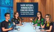 Ilustração de um estúdio de podcast com quatro pessoas (um homem e três mulheres) sentadas à mesa com microfones. Ao fundo, um telão exibe o texto: "SAÚDE INTEGRAL, HUMANIZAÇÃO E CONEXÃO SOCIAL: O POLICIAL CIVIL ALÉM DA FARDA". Na base da mesa, aparecem os logotipos da Polícia Civil do Estado de Sergipe e do Núcleo de Modernização e Inovação Tecnológica e do Núcleo de Atenção à Saúde Biopsicossocial.