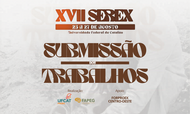 banner_noticia_XVII_SEREX
#ParaTodosVerem
Banner digital de divulgação de evento acadêmico com fundo em tons de cinza claro e detalhes em marrom. No centro, o texto principal em destaque utiliza uma fonte estilizada, com letras grossas e curvas acentuadas (estilo retrô/psicodélico).