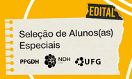 banner_noticia_seleção_alunos_especiais_20262
#ParaTodosVerem: Imagem de formato vertical, semelhante a um 'Story' de rede social, com o mesmo fundo amarelo vibrante e textura rústica. No canto superior direito, há o mesmo recorte de papel preto desgastado com a palavra "EDITAL" em letras brancas. No centro da imagem, sobreposto ao fundo, o mesmo elemento de folha de caderno amarelada e envelhecida está centralizado verticalmente, preso pelos dois grampos dourados na borda esquerda.