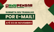#ParaTodosVerem:

Card informativo sobre fundo creme claro com grafismos geométricos em vermelho-escuro e verde nos cantos e, ao fundo, a imagem em marca-d'água de mulheres indígenas.

No topo, encontra-se a marca do evento: o perfil de uma mulher indígena ao lado do texto "XVII PENSAR DIREITOS HUMANOS: Geopolítica e Direitos Humanos na América Latina".

Ao centro, lê-se em letras maiúsculas em destaque: "SUBMETA SEU TRABALHO" em verde-escuro e "POR E-MAIL!" em letras brancas sobre uma faixa verde-escuro.

Abaixo, destaca-se o prazo numa faixa vermelho-escuro com letras brancas: "ATÉ 03 DE NOVEMBRO".