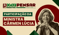#ParaTodosVerem:

Card informativo de divulgação sobre fundo creme claro com grafismos geométricos em vermelho-escuro e verde nos cantos.

No topo superior esquerdo, encontra-se a marca do evento com a ilustração do perfil de uma mulher indígena e os textos "XVII PENSAR DIREITOS HUMANOS: Geopolítica e Direitos Humanos na América Latina".

À esquerda, lê-se em destaque o anúncio em caixas coloridas: "PARTICIPAÇÃO DA" numa caixa verde-escuro com letras brancas, e "MINISTRA CÁRMEN LÚCIA" em letras maiúsculas brancas sobre duas faixas em vermelho-escuro.

À direita, em destaque, está uma foto em tom sépia da Ministra Cármen Lúcia, de cabelos curtos claros e óculos, com as mãos apoiadas sob o queixo, emoldurada por uma forma circular vermelha ao fundo.