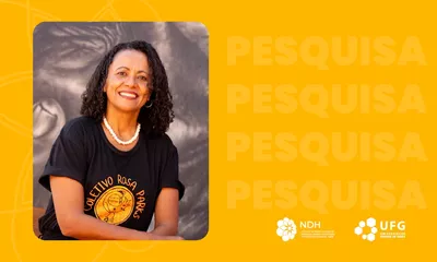 #ParaTodosVerem:

Card horizontal com fundo amarelo-vibrante. À esquerda, destaca-se a fotografia de uma mulher negra sorridente, com cabelos cacheados escuros na altura dos ombros, colar de contas brancas e t-shirt preta com o logótipo circular e o texto "COLETIVO ROSA PARKS" impresso a amarelo.

À direita, sobre o fundo amarelo, a palavra "PESQUISA" surge repetida quatro vezes na vertical em tom amarelo-escuro. No canto inferior direito, figuram os logótipos brancos do NDH e da UFG.
