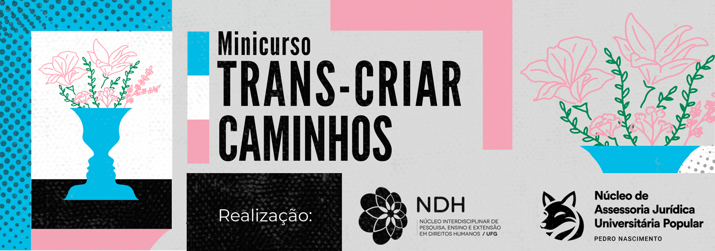 Banner_Página_Mini_Curso_TransCriar #ParaTodosVerem Banner horizontal de divulgação. No centro, o título em letras grandes pretas: "Minicurso TRANS-CRIAR CAMINHOS". Ao lado, uma ilustração de um vaso azul formado por dois rostos de perfil, de onde saem flores estilizadas. O fundo é cinza texturizado com formas geométricas rosa e detalhes azuis. Na parte inferior, estão os logos das instituições realizadoras, NDH e NAJUP.