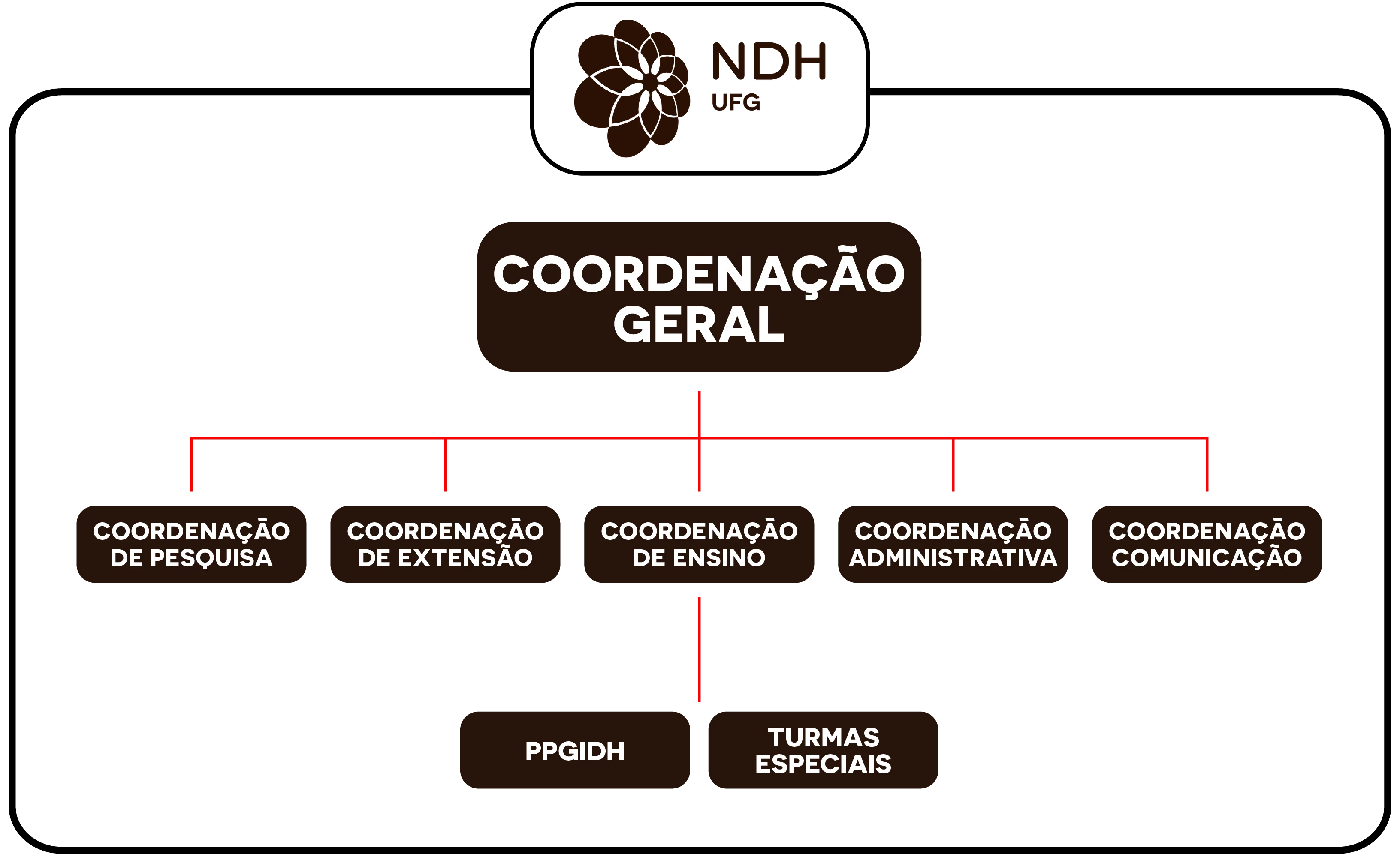 Organograma hierárquico do NDH UFG. Detalhes na descrição longa abaixo.