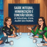 Ilustração de um estúdio de podcast com quatro pessoas (um homem e três mulheres) sentadas à mesa com microfones. Ao fundo, um telão exibe o texto: "SAÚDE INTEGRAL, HUMANIZAÇÃO E CONEXÃO SOCIAL: O POLICIAL CIVIL ALÉM DA FARDA". Na base da mesa, aparecem os logotipos da Polícia Civil do Estado de Sergipe e do Núcleo de Modernização e Inovação Tecnológica e do Núcleo de Atenção à Saúde Biopsicossocial.