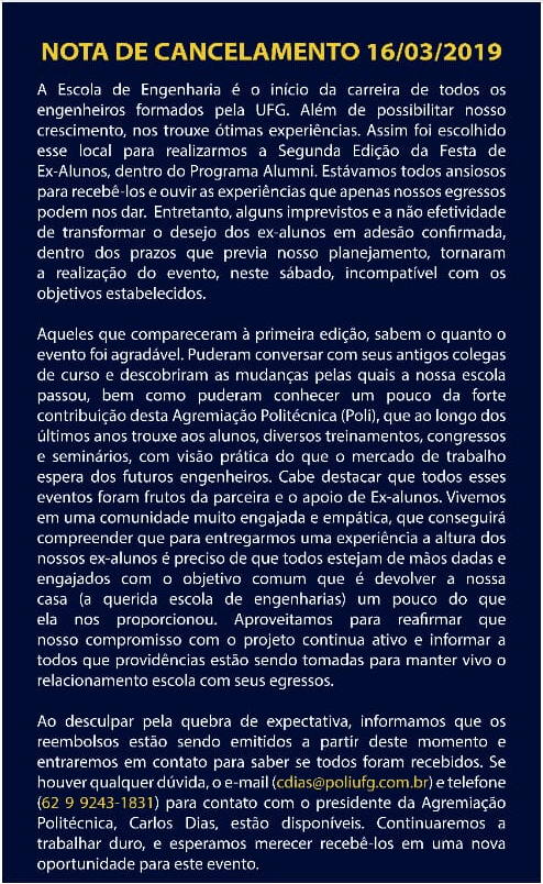 Nota de Cancelamento - Festa dos Egressos da Escola de Engenharia Civil e Ambiental