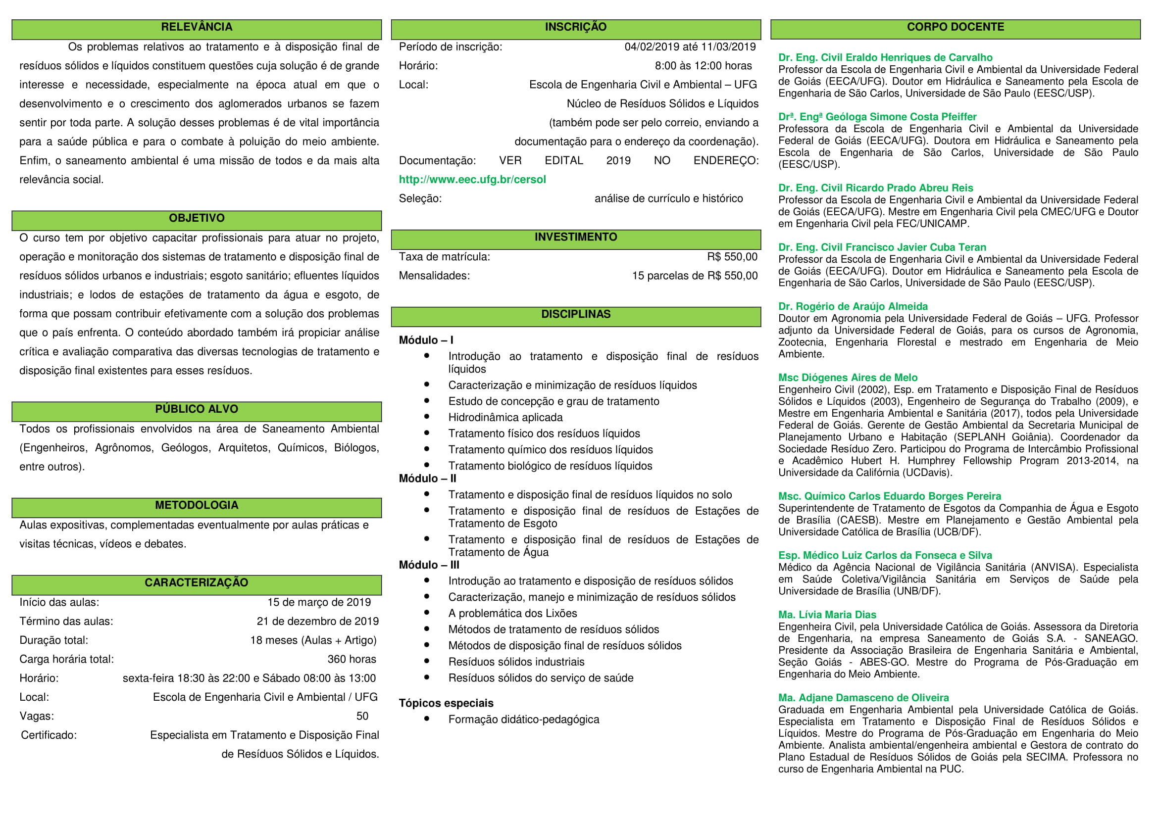 Folder - Curso de Especialização em Tratamento e Disposição Final de Resíduos Sólidos e Líquidos