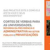 CORTES DE VERBAS PARA
AS UNIVERSIDADES,
REFORMA DA PREVIDÊNCIA E
ADMINISTRATIVA NO SETOR
PÚBLICO E PRIVATIZAÇÕES CORTES DE VERBAS PARA
AS UNIVERSIDADES,
REFORMA DA PREVIDÊNCIA E
ADMINISTRATIVA NO SETOR
PÚBLICO E PRIVATIZAÇÕES