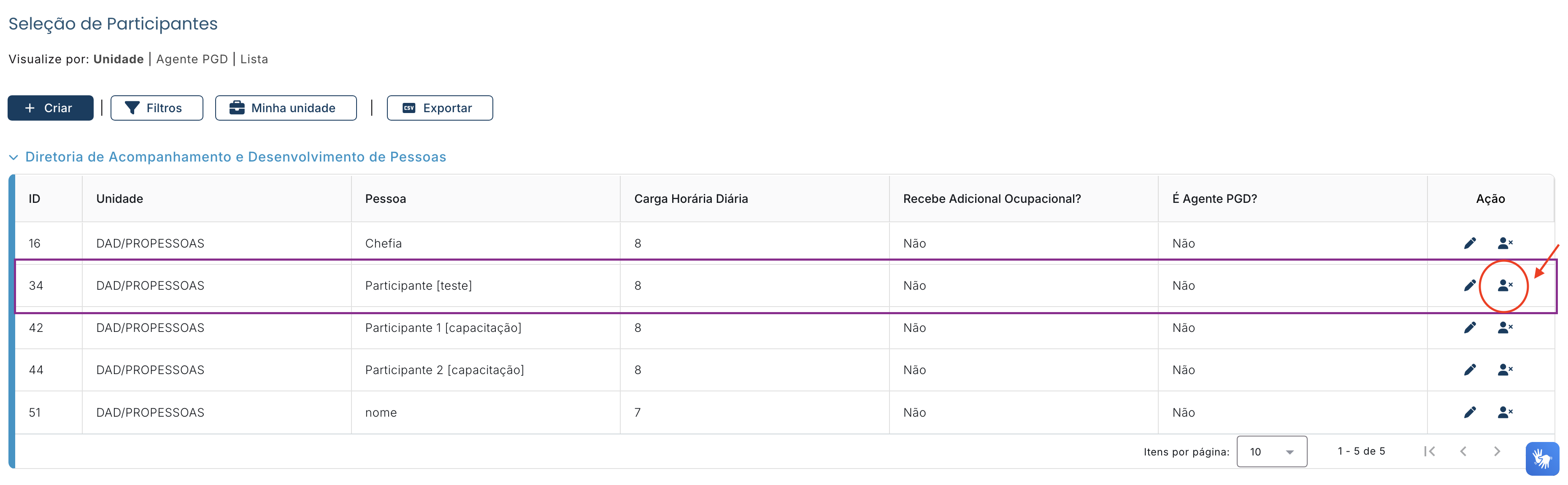 Imagem Lista seleção de participantes