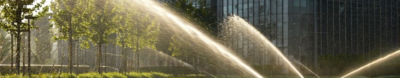 Imagem de um sistema de irrigação por aspersão instalado em área verde urbana, em frente a um edifício comercial. O equipamento é utilizado para manter jardins e gramados irrigados com eficiência, podendo operar com água de reúso em práticas sustentáveis de manejo hídrico.