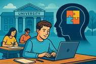 Uma ilustração mostra estudantes em uma universidade, com um jovem usando laptop em destaque. Ao fundo, surge o prédio universitário e, ao lado, a silhueta de um perfil com peças de quebra-cabeça coloridas, simbolizando o autismo e a inclusão no ensino superior.