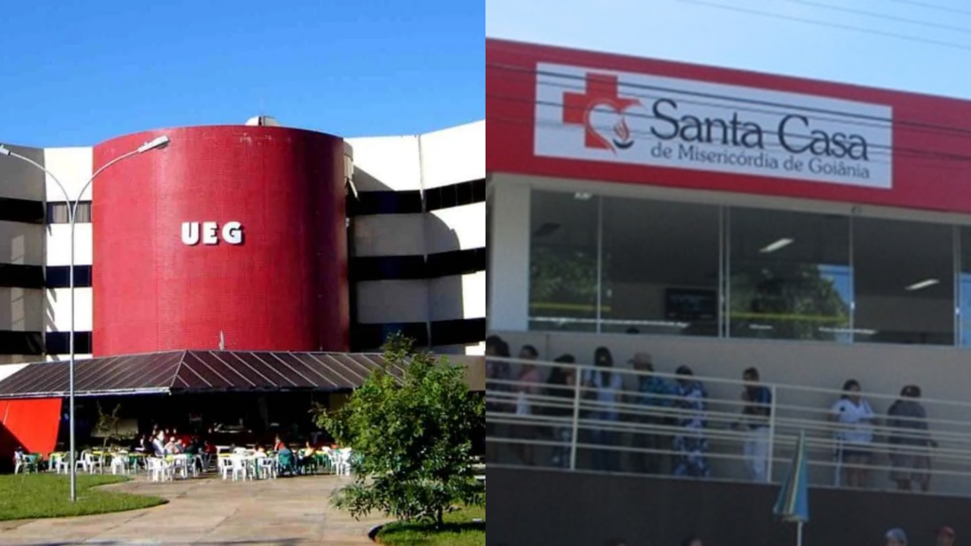 Composição de imagens mostrando duas instituições de Goiânia, Goiás. O lado esquerdo exibe o prédio circular e vermelho da UEG (Universidade Estadual de Goiás). O lado direito mostra a fachada moderna e vermelha da Santa Casa de Misericórdia de Goiânia, com pessoas na entrada.