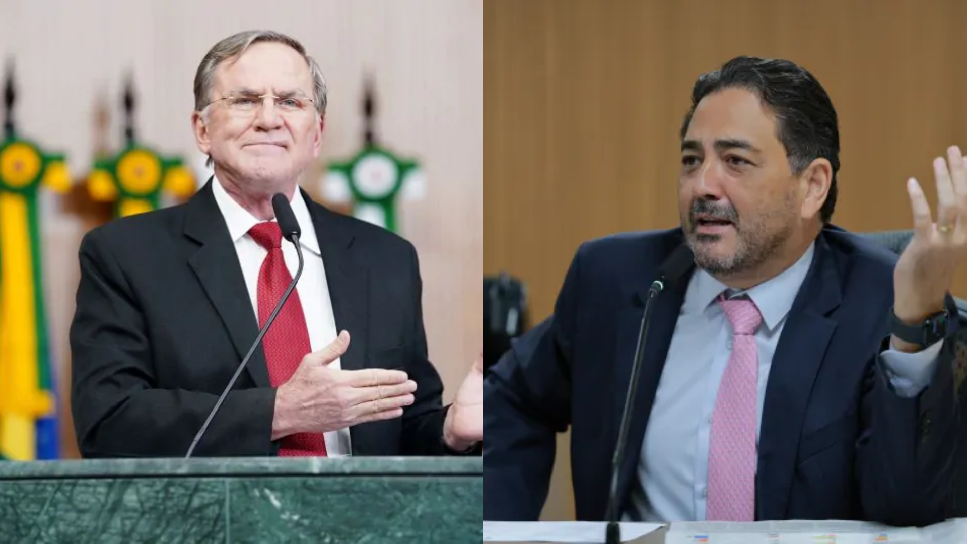 Composição de retratos de dois políticos ou figuras públicas do estado. O lado esquerdo apresenta um homem mais velho de terno escuro e gravata vermelha, gesticulando enquanto fala ao microfone. O lado direito mostra um homem de terno azul e gravata rosa, também falando em um ambiente institucional.