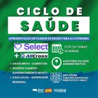 Card informativo do Sint-IFESGO sobre o Ciclo de Saúde. Anuncia a apresentação de planos de saúde com a Select e a All Cross, marcada para 17 de dezembro, às 14h, de forma híbrida, no auditório da sede administrativa e também pelo Zoom. Informa os nomes dos participantes e exibe os logotipos do sindicato e das entidades parceiras.