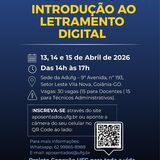 É um cartaz informativo de evento, com fundo em tons de azul e detalhes gráficos que lembram conexões digitais (linhas e pontos).

No topo, está escrito em destaque:
“Seminário Introdução ao Letramento Digital”, com “Introdução ao Letramento Digital” em amarelo forte.

Logo abaixo, aparecem as informações principais do evento:
	•	Datas: 13, 14 e 15 de abril de 2026
	•	Horário: das 14h às 17h
	•	Local: Sede da Adufg, em Goiânia (com endereço completo)
	•	Vagas: 30 no total (15 para docentes e 15 para técnicos administrativos aposentados)