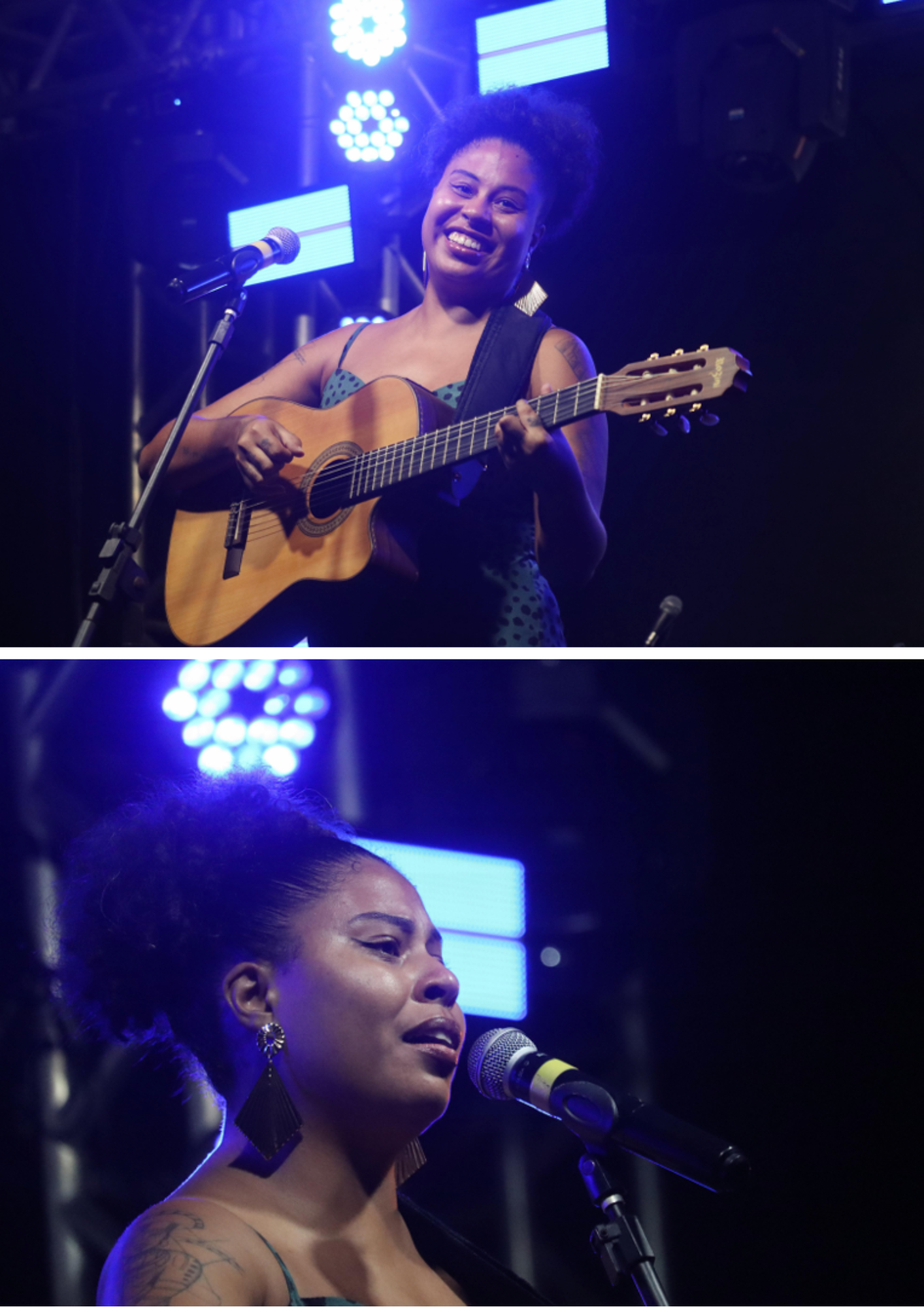 Montagem com duas fotografias de uma artista durante apresentação musical em palco. Na imagem superior, ela aparece sorrindo enquanto toca violão e canta diante de um microfone. Na imagem inferior, é mostrada em close cantando com expressão concentrada e emotiva. A artista usa vestido escuro de alças finas e brincos longos, com os cabelos presos. O palco é iluminado por refletores em tons de azul e violeta, criando uma atmosfera acolhedora e vibrante. O violão, o microfone e a iluminação cênica reforçam o contexto de uma apresentação musical ao vivo.