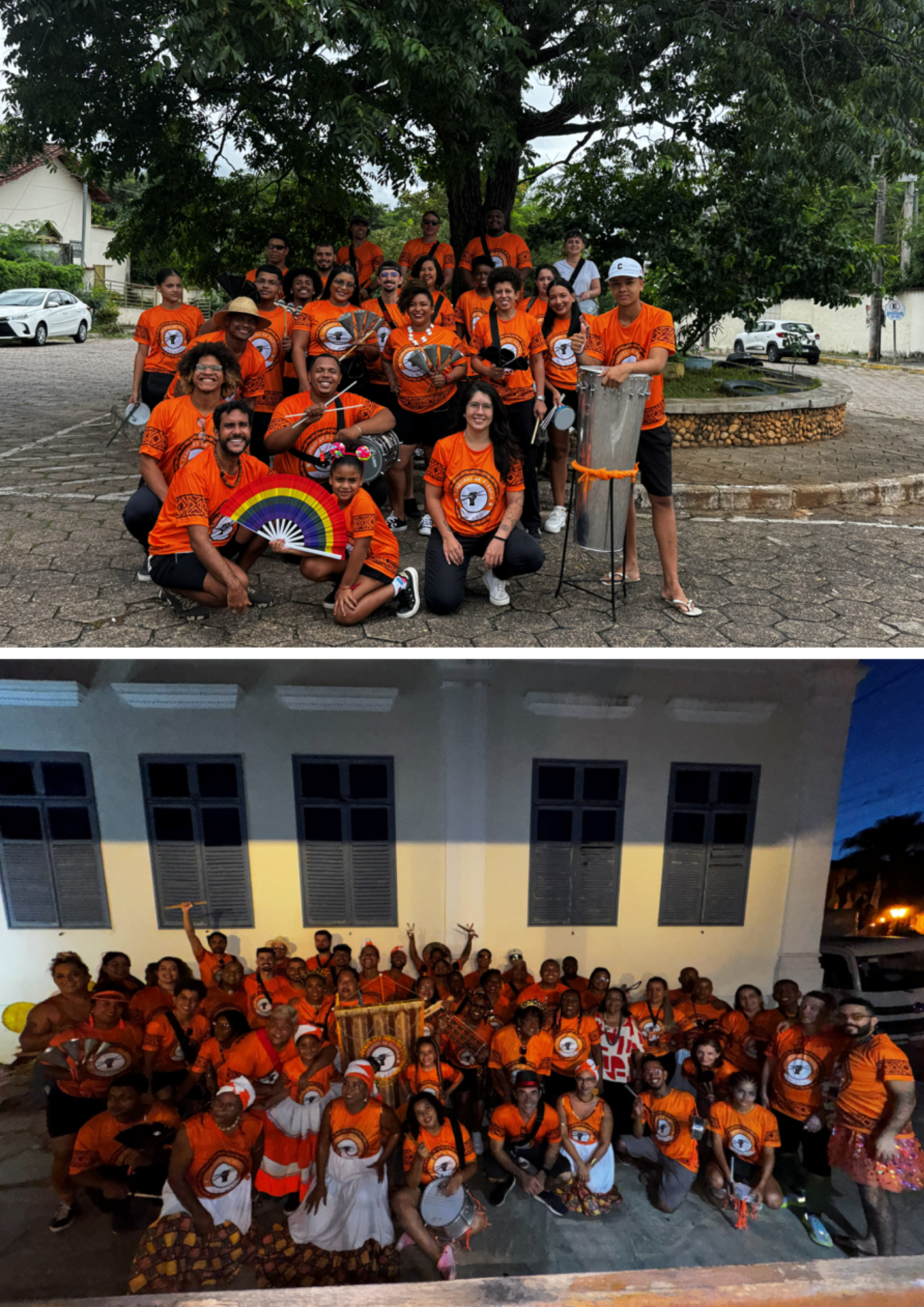 Montagem com duas fotografias de um grupo cultural e musical formado por dezenas de integrantes usando camisetas laranja com identidade visual do coletivo. Na imagem superior, o grupo posa ao ar livre, reunido sob uma grande árvore em uma praça, segurando instrumentos de percussão como tambores, caixas e chocalhos. Entre os participantes há pessoas de diferentes idades, incluindo uma criança segurando um leque colorido. O ambiente é arborizado e transmite um clima de encontro comunitário e celebração cultural. Na imagem inferior, o mesmo grupo aparece reunido em frente a um prédio histórico durante a noite. Os integrantes posam com instrumentos de percussão e elementos cênicos, alguns fazendo gestos festivos para a câmera. A iluminação noturna e o grande número de participantes reforçam o caráter coletivo, comunitário e artístico da manifestação cultural, destacando a valorização da música, da tradição e da diversidade.