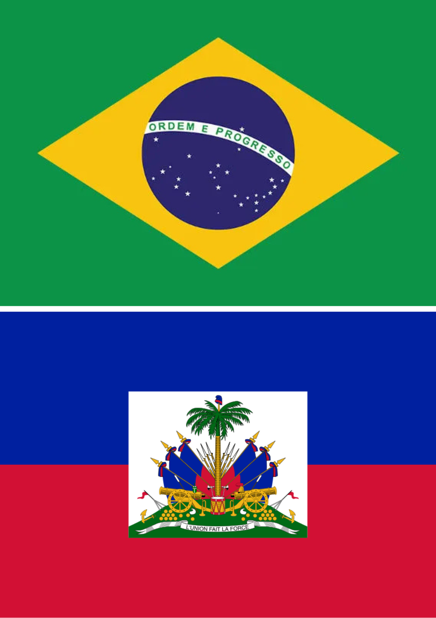 Imagem composta pelas bandeiras do Brasil e do Haiti. Na parte superior, aparece a bandeira do Brasil, com fundo verde, losango amarelo e círculo azul com estrelas e a faixa “Ordem e Progresso”. Na parte inferior, aparece a bandeira do Haiti, dividida em duas faixas horizontais, azul e vermelha, com o brasão nacional ao centro. A imagem representa a relação ou associação entre os dois países.