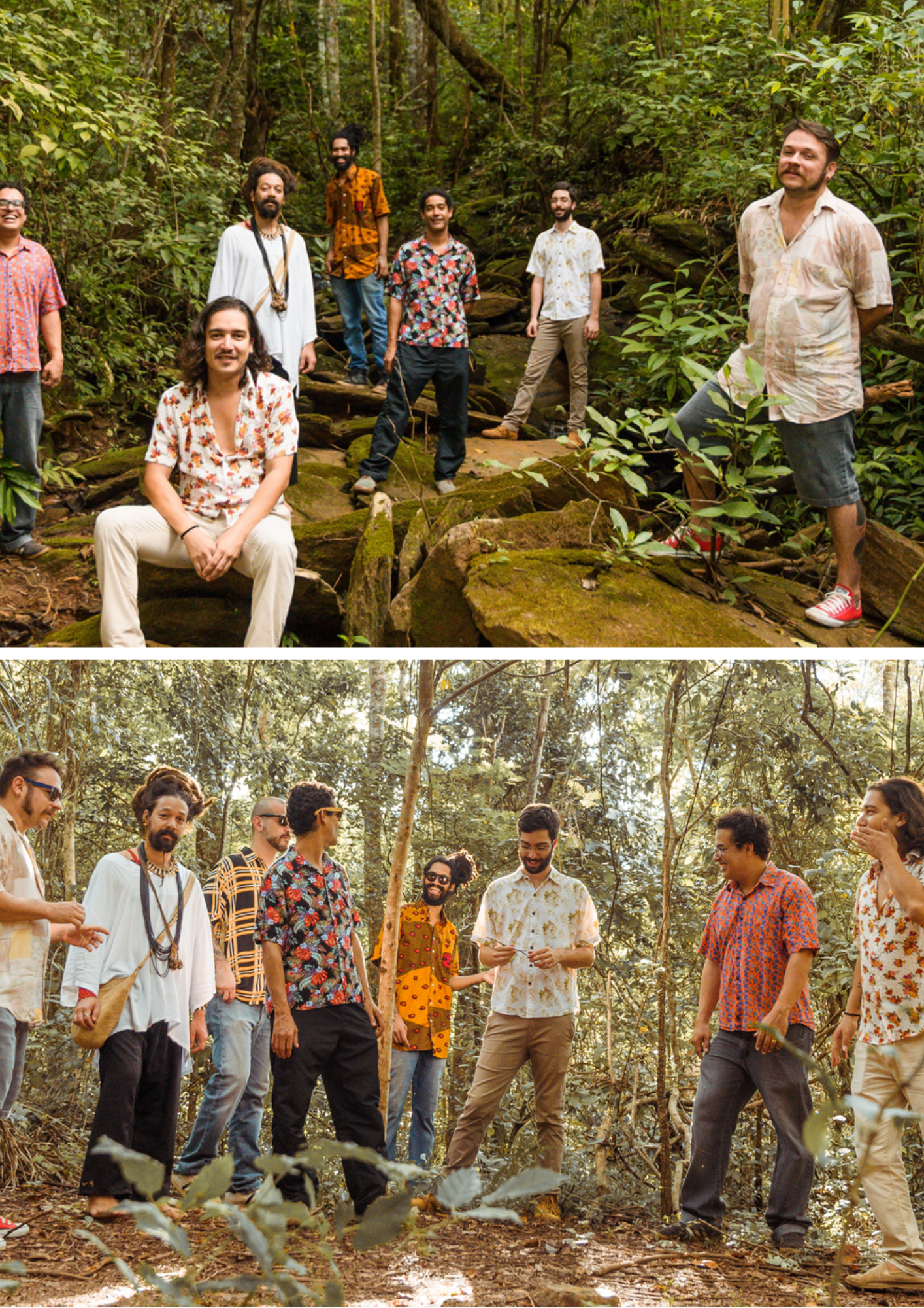 Montagem com duas fotografias de um grupo de homens em uma área de mata. Na imagem superior, eles aparecem entre árvores, plantas e pedras cobertas por musgo; alguns estão em pé e um está sentado à frente. Na imagem inferior, o grupo está reunido em uma trilha no meio da vegetação, usando camisas estampadas e claras, em uma pose descontraída.