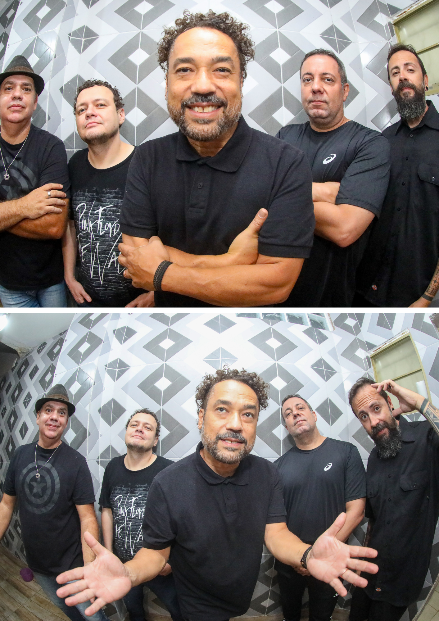 Montagem com duas fotografias de cinco homens posando em um ambiente interno, diante de uma parede com revestimento geométrico em tons de cinza, branco e preto. Todos usam roupas escuras. Na imagem superior, aparecem mais próximos da câmera, com o homem ao centro sorrindo e de braços cruzados. Na imagem inferior, o grupo aparece em uma pose mais descontraída, com o homem ao centro gesticulando com as mãos abertas.
