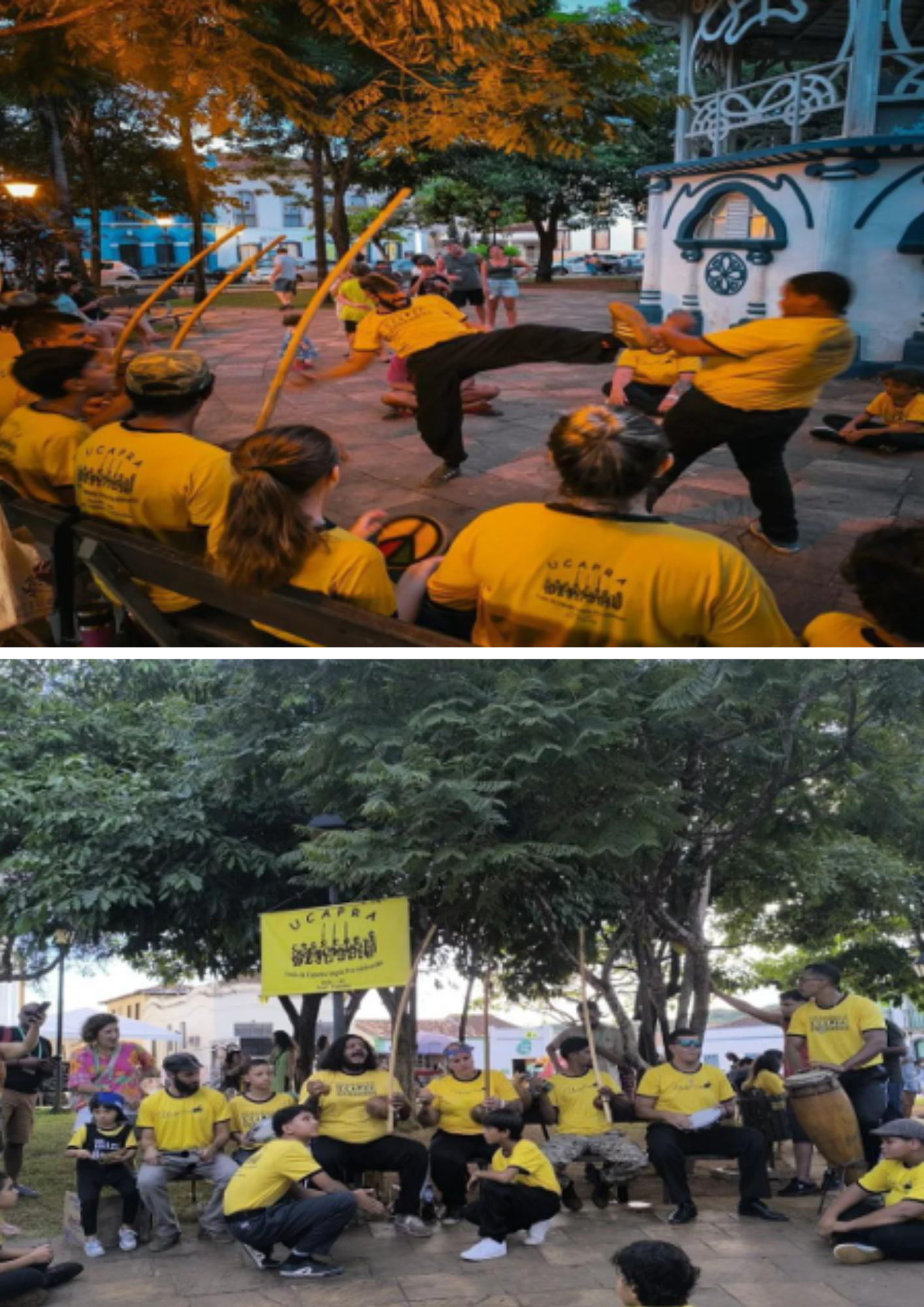 Montagem com duas fotografias de uma apresentação de capoeira em espaço público. Na imagem superior, pessoas vestindo camisetas amarelas participam de uma roda de capoeira em uma praça, com dois capoeiristas realizando movimentos no centro, próximos a um coreto. Na imagem inferior, integrantes do coletivo aparecem reunidos sob árvores, usando camisetas amarelas, segurando berimbaus e instrumentos de percussão. Há crianças e adultos ao redor, acompanhando a atividade. A imagem registra uma apresentação cultural coletiva, com música, movimento e participação comunitária.